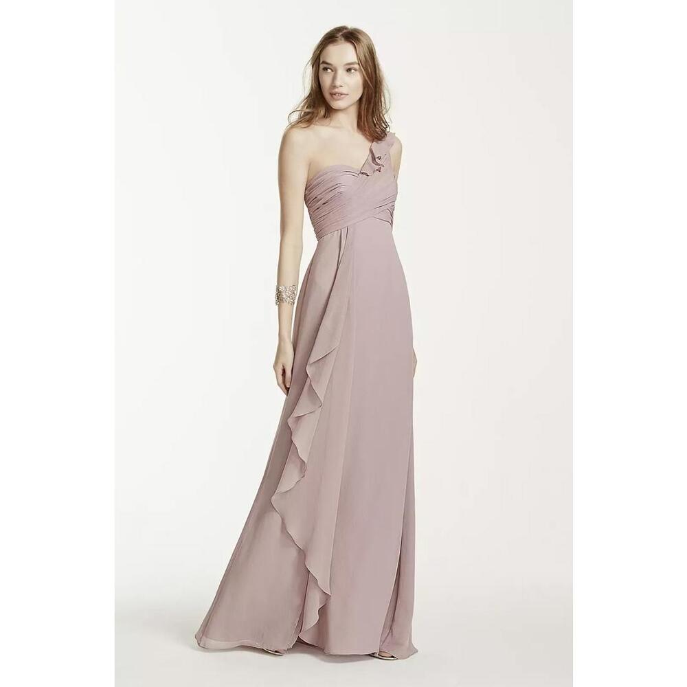 David's Bridal One Shoulder Chiffon Dress/Cascading‎ - NWOT